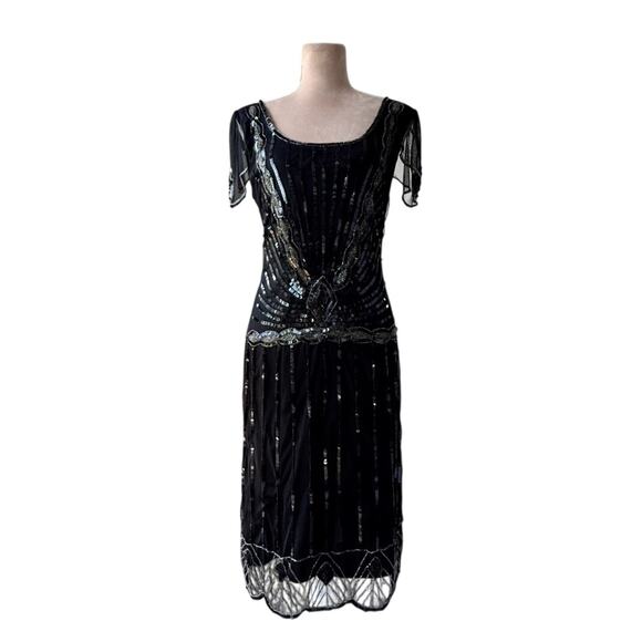 Gatsbylady London Black Beaded Sequin 1920s Flapper Dress Art Deco Formal Size 6 - Picture 5 of 16